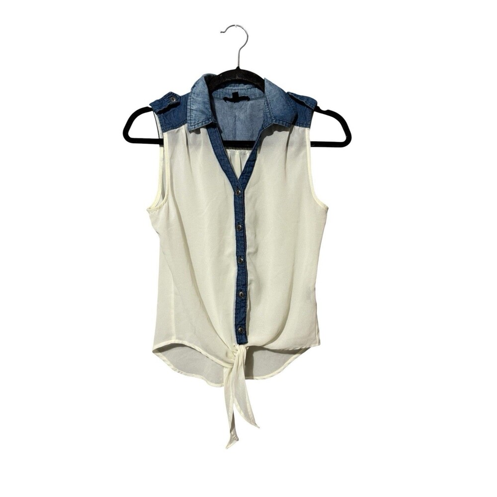 Mine Sleeveless Tie Front Blouse Chambray Contrast Button Up Size S